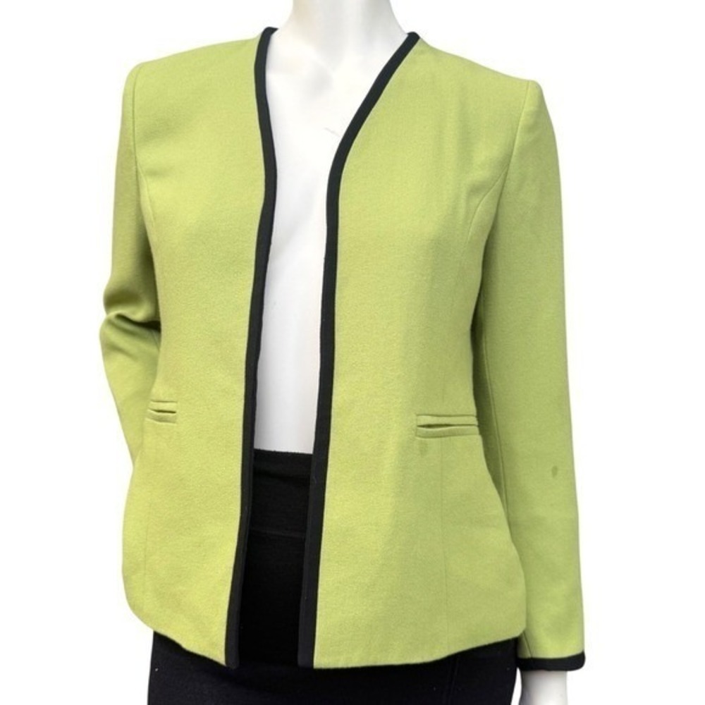 Vintage 90's Kasper Petite Blazer Lime Green Black Trim Zipper Sleeve 4P